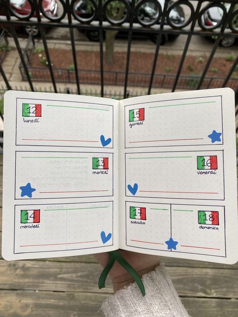 A bullet journal weekly spread with Italian flags and blue hearts Italy Bullet Journal, Travel Bujo, Bujo Themes, Bulletin Journal, Bullet Journal Weekly, Journal 2024, Bullet Journal Themes, Barcelona Travel, Journal Themes