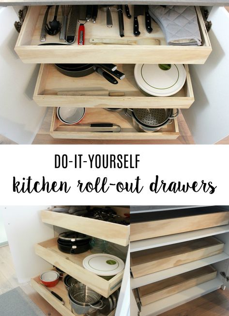 Diy Roll Out Shelves, Kitchen Drawers Diy, Custom Kitchen Drawers, Drawer Inspiration, Custom Shelf, Storage Wars, Sliding Shelves, Spice Drawer, Diy Drawers