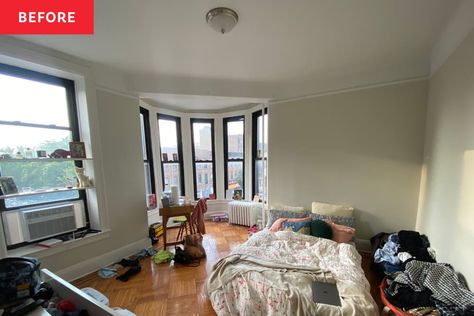 Before: a white bedroom with bay windows in the corner Boho Remodel, Renovation Apartment, Brooklyn Bedroom, Rental Bedroom, Diy Barbecue, Nyc Room, Visualization Board, Revamp Furniture, Wood Parquet Flooring