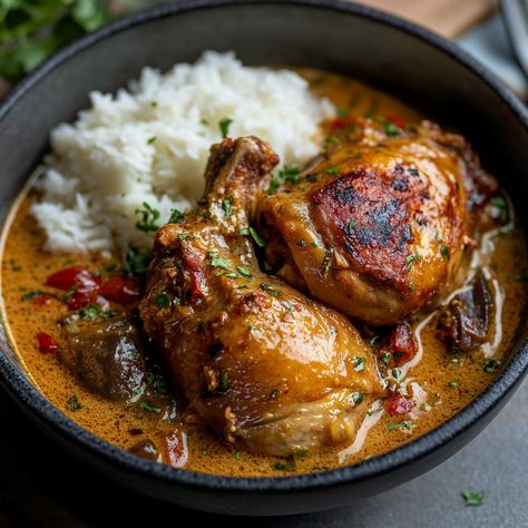 Réunionnais Coconut Chicken 📋 Ingredients: 4 chicken thighs 🍗 400 ml of coconut milk 🥥 2 onions 3 cloves of garlic 2 tomatoes 🍅 1 red pepper 2 tablespoons of curry paste 🍛 2 tablespoons of vegetable oil Salt and pepper to taste A few sprigs of fresh coriander for garnish 🌿 🥣 Instructions: 🍗 Prepare the chicken: In a large skillet, heat the oil over medium-high heat. Brown the chicken thighs on all sides. Reserve. Preparation of vegetables: In the same pan, brown the sliced ​​onions and c... Chicken Rice Bowl Recipe, Chicken Rice Bowl, Rice Bowl Recipe, Chicken Tikka Masala Recipes, Tikka Masala Recipe, Soup Chicken, Coconut Chicken, Healthy Food Dishes, Chicken Tikka Masala