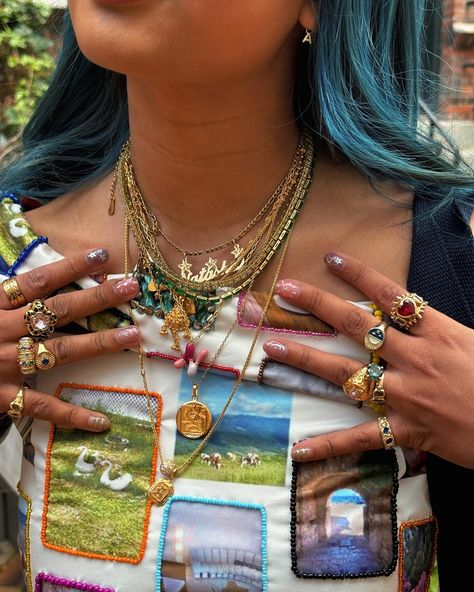 rounding up the month Maximalist Jewelry, Jewelry Lookbook, Blue Water, Spice Things Up, Jewelry Inspiration, Pink And Green, Lookbook, Pink, Gold