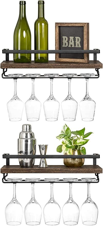 Amazon.com: Mkono Wall Mounted Wine Rack Set of 2 Wood Rustic Wine Bottle Glass Floating Shelves with Stemware Hanger Modern Plants Photos Wine Display Storage Holder for Kitchen Dining Room Bar, 17 Inch : Home & Kitchen Wine Kitchen Shelf, Wine Glasses On Floating Shelves, Cocktail Glasses On Shelf, Wine Glass Storage In Bar, Shelf For Bar Glasses, Wine Glass Storage Apartment, Wine Glass Shelf The Home Depot, Open Shelves With Wine Glasses, Bar Styling With Wine Rack