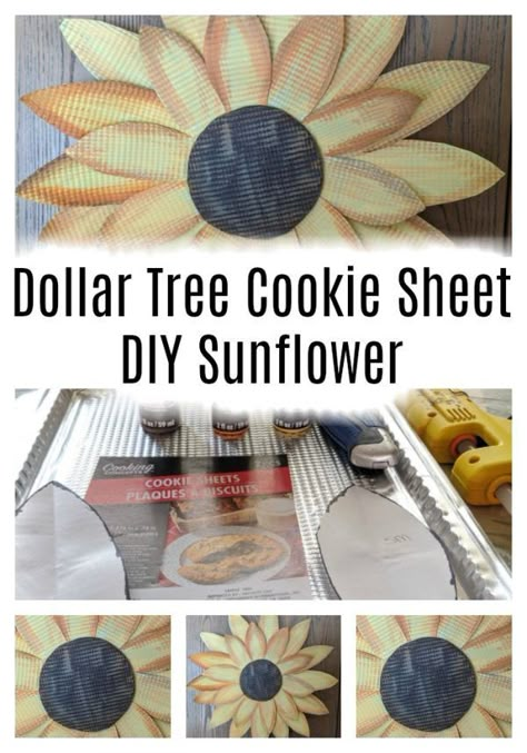 This tutorial shows you how to make a tin sunflower using tin throw away cookie sheets or oven sheets from the Dollar Tree store. For this tutorial you will need some sharp scissors, I do not recommend using your … Read More... Outdoor Sunflower Decor, Sunflower Farmhouse Kitchen, Dollar Tree Outdoor Diy Summer, Diy Outdoor Wall Decor, Sunflower Crafts For Adults, Sunflower Crafts Diy, Diy Sunflower Decor, Sunflower Wreath Diy, Foil Flowers