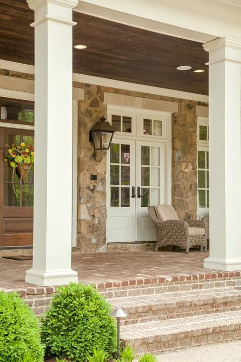 Colonial Porch Columns, Brick And Stone Front Porch, Brick Front Porch, Porch Pillars, Front Porch Remodel, Brick Sidewalk, Front Porch Columns, Exterior Columns, Brick Porch