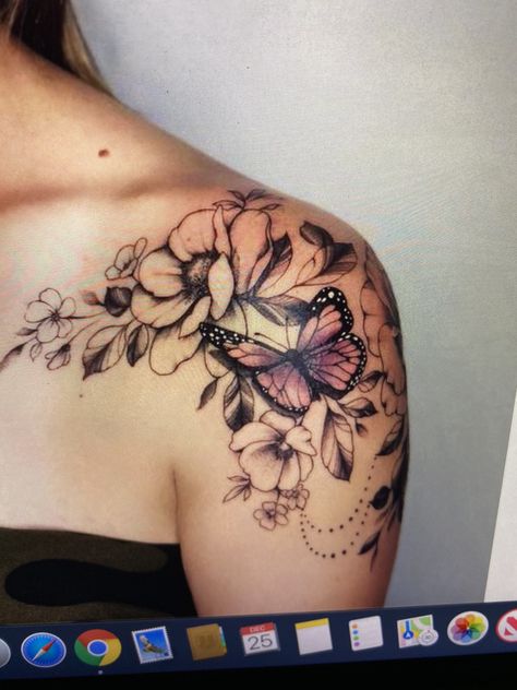 Upper Shoulder Tattoo, Shoulder Cap Tattoo, Shoulder Sleeve Tattoos, Butterfly Tattoo On Shoulder, Catrina Tattoo, Quarter Sleeve Tattoos, Tattoos For Women Flowers, Tattoos For Women Half Sleeve, Flower Tattoo Shoulder