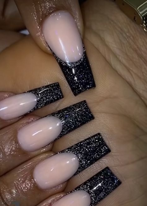 Shiny Black French Tip Nails, Nails With Black Sequin Dress, Pretty Acrylic Nails Black, New Year’s Eve Nails Design Black, Black Glitter Ombré Nails, Glittery Black French Tip Nails, Sparkly Black French Tip Nails, Black And Sparkle Nails, Glittery Black Nails