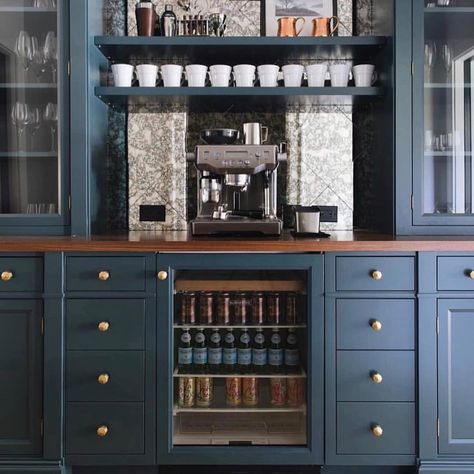 All I want for Christmas is a Coffee bar🌲🌲. This beautifully designed cabinets showcase a full coffee bar .  I love the use of stained mirror tiles. The question is 👉👉👉This year, Was I naughty or Nice 😜😜Design By @jeanstofferdesign . . . For similar tile and cabinet products stop by my design center @burlingtondesigngallery . . . . #uniquedesignresources #burlingtondesigngallery #myinspiredsquares #myholly #bluecabinets #bargoals #showusyourmerry #farmhousefeelsgood #alliwantforchristmasi Jean Stoffer Design, Pantry Interior, Organic Modern Kitchen, Jean Stoffer, Home Coffee Stations, Coffee Bars In Kitchen, Garage Remodel, Beverage Center, Home Coffee Bar