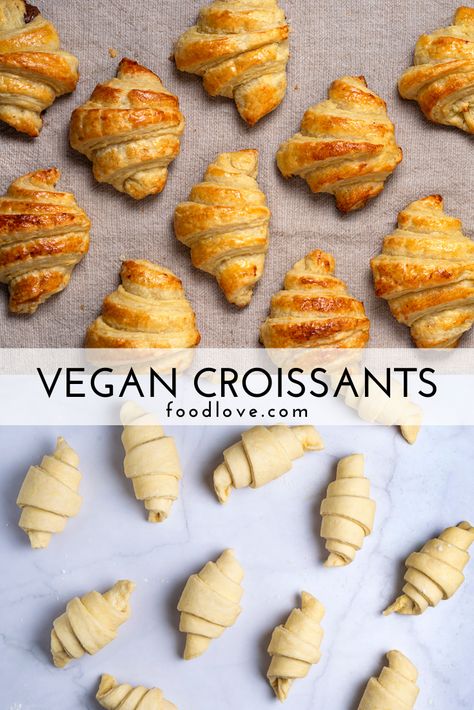 Make flaky and golden vegan croissants that are butter- and dairy-free. #veganbaking #dairyfreecroissants #plantbased | Foodlove.com Vegan Croissant Recipe, Vegan Croissant, Vegan Croissants, Vegan Breakfast Recipes Healthy, Patisserie Vegan, Vegan Pastries, Croissant Recipe, Vegan Bakery, Tofu Scramble