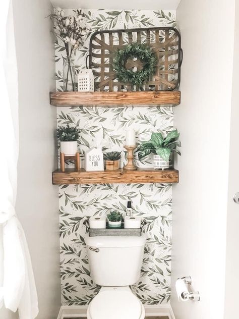 Water Closet Decor, Wallpaper Accent Wall Bathroom, Small Bathroom Wallpaper, Half Bathroom Decor, Toilet Room Decor, Bathroom Stall, Small Toilet Room, Bathroom Accent Wall, Shower Box