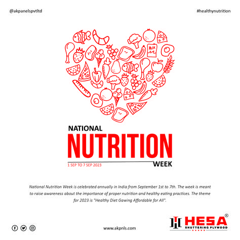 National Nutrition Week is celebrated annually in India from September 1st to 7th. The week is meant to raise awareness about the importance of proper nutrition and healthy eating practices. The theme for 2023 is "Healthy Diet Gawing Affordable for All". www.akpnls.com #healthylife #healthcoach #fitnessjourney #healthynutrition #eatright #nutritioncoaching #nutrients #nutrtion #protein #nutritionist #healthydiet #hesa #september National Nutrition Week, Shuttering Plywood, September 1st, Proper Nutrition, Eat Right, Healthy Nutrition, Fitness Nutrition, Health Coach, Fitness Journey