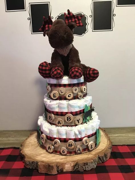 13+ Moose Themed Baby Shower Ideas (+ Free Printable) Lumberjack Baby Shower Cake, Moose Baby Shower, Bear Diaper Cake, Woodland Forest Baby Shower, Shower Boys, Plaid Baby Shower, Gender Neutral Baby Shower Gifts, Lumberjack Baby Shower, Lumberjack Baby