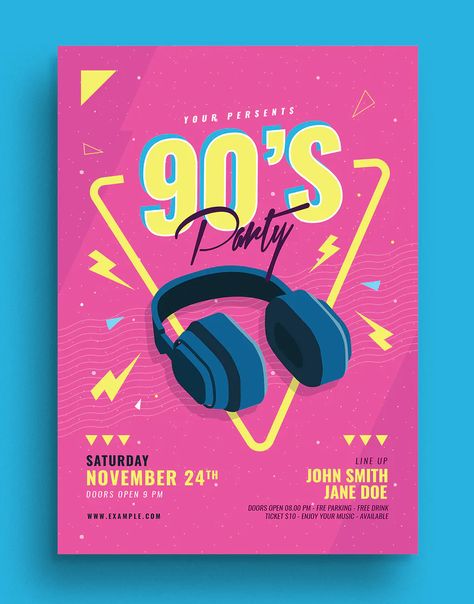 90'S Music Event Party Flyer Design Template PSD, AI 90s Party Poster, 90s Party Flyer, 90s Poster Design, Party Flyer Design, 90s Design, Concert Flyer, Music Flyer, 90s Theme, 90s Music