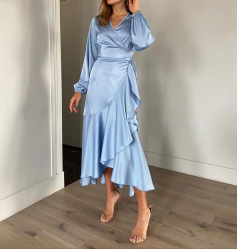 Satin Puff Sleeve Dress Long, Long Sleeve Light Blue Dress, Elegant Silk Dress With Balloon Sleeves, Fitted Silk Dress With Balloon Sleeves, Luxury Blue Bishop Sleeve Dresses, Eid Long Sleeve Satin Dress, Elegant Long Sleeve Blue Abaya, Elegant Silk Dresses, Islamic Fashion Dresses