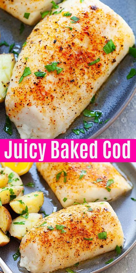 Baked Cod (Extra Juicy!) - Cod Recipes - Rasa Malaysia Cod Fish Recipes Baked With Old Bay, Baked Cod Loin Recipes Oven, Cod Oven Recipes, Alaska Cod Fillet Recipe, Seasoning For Cod Fillets, Recipes With Cod Fillets, Alaskan Cod Fillet Recipes, Broiled Cod Recipes, Cooking Cod Fillets