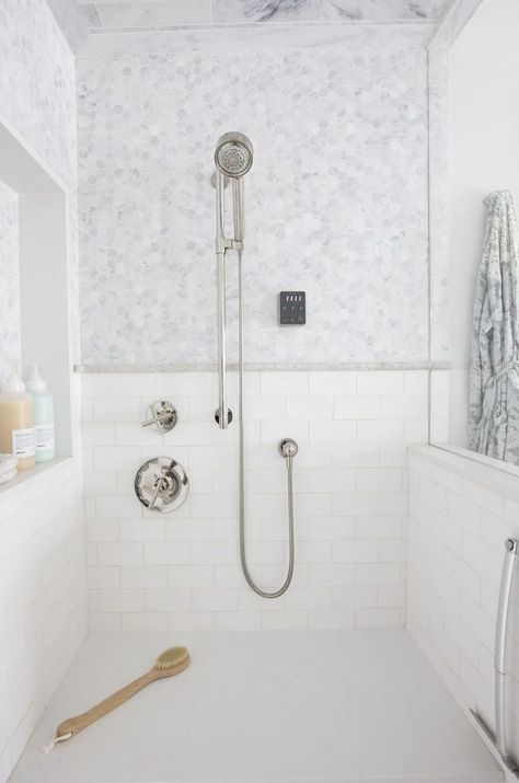 Jillian Harris Home Tour Series Master Ensuite Shower Ceiling Tile, Jillian Harris Home, White Tiled Bathroom, Farmhouse Bathroom Inspiration, Tiled Bathroom, Modern Home Decor Bathroom, Mill House, Jillian Harris, Master Ensuite