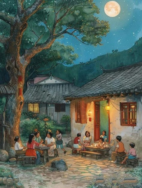 Village Scene Drawing, Childhood Memories Art, Memories Art, Realistic Cartoons, Scene Drawing, Dreamy Artwork, Village Scene, Old Is Gold, Children Playing