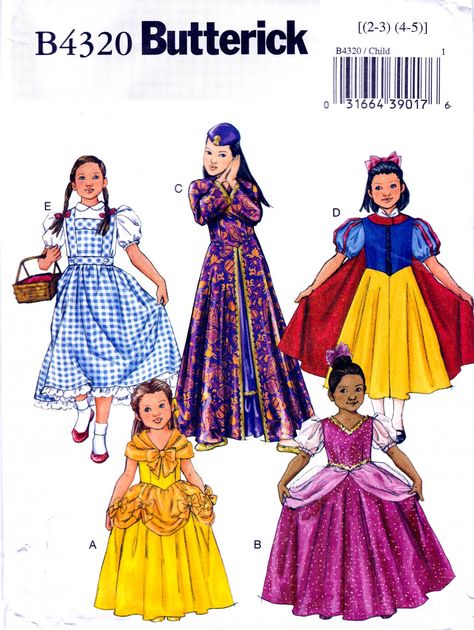 Butterick B4320 4320 Girls Character Costumes Princesses Dorothy Sewing Pattern Sizes 2-3 4-5 Princess Dress Pattern, Storybook Character Costumes, Princess Dress Patterns, Halloween Costume Patterns, Dorothy Costume, Fairy Tale Costumes, Princess Halloween Costume, Costume Sewing Patterns, Medieval Costume