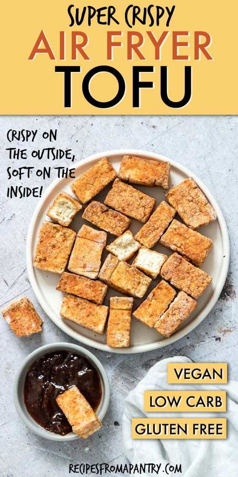 Super Crispy Air Fryer Tofu is delightfully crunchy and crusty on the outside, and light and soft on the inside. Air fryer tofu is so quick and easy, plus it is healthy and chock full of protein. Perfect for snacking or for making all sorts of tasty meals. Click through to get this awesome recipe! #airfryer #airfryerrecipes #tofu #airfryertofu #crispytofu #veganrecipes #wwrecipes Air Fryer Recipes Wings, Air Fryer Recipes Chips, Air Fryer Recipes Vegetables, Air Fryer Tofu, Air Fryer Recipes Low Carb, Air Fryer Recipes Breakfast, Air Fryer Recipes Snacks, Air Fryer Recipes Vegetarian, Air Fryer Oven Recipes