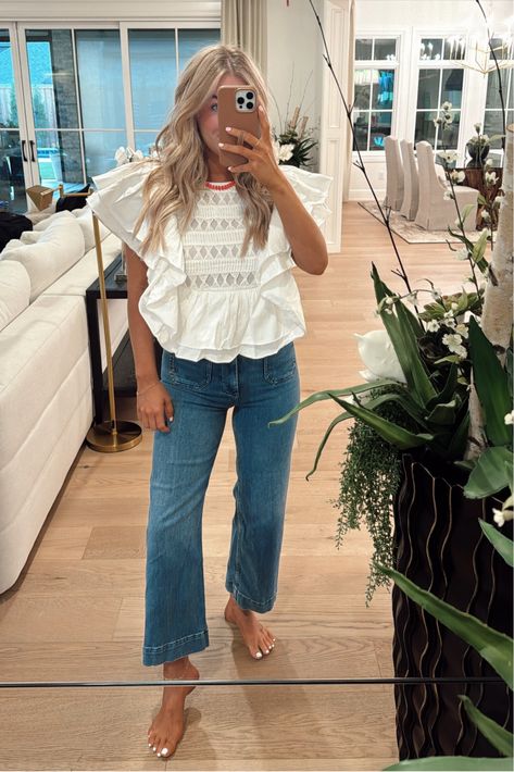 Let Me Be Flutter-Sleeve Top curated on LTK College Ring Ceremony Outfit, Cute Outfits Feminine, Spring Womens Outfits, Preppy Brunch Outfit, Western Preppy Outfits, Boutique Work Outfit, Birthday Outfits Jeans, Fancy Outfits With Jeans, Flutter Sleeve Top Outfit