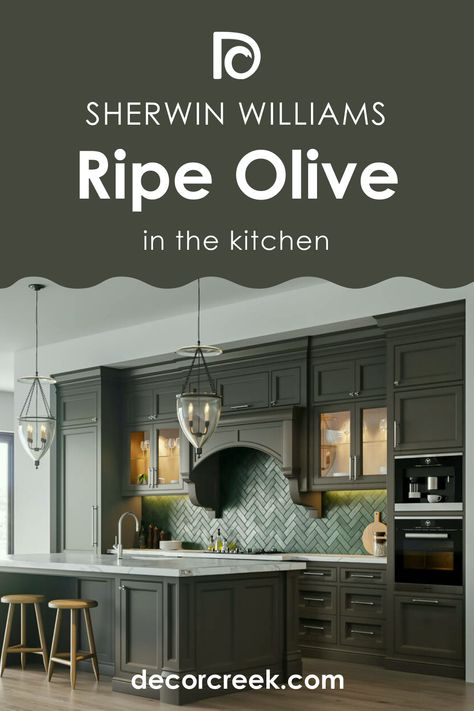 Ripe Olive SW-6209 Paint Color by Sherwin-Williams Olive Sherwin Williams, Ripe Olive Sherwin Williams, Log Cabin Kitchens Cabinets, Cabin Kitchen Cabinets, Sherwin Williams Green, Olive Green Kitchen, Living Room Shades, Green Kitchen Island, Accent Wall Ideas