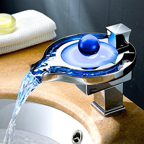 Bathroom Faucets DIY | Derpras DPFC01 LED Bathroom Faucet Water Power 3 Colors Changing Waterfall LED Sink Faucet Lavatory Basin Mixer Tap Polish Chrome -- Check this awesome product by going to the link at the image.(It is Amazon affiliate link) #photooftheday Waterfall Faucet Bathroom, Waterfall Faucets Bathroom Moen, Waterfall Sink Faucet, Black Waterfall Faucet, Bathroom Sink Faucets Waterfall, Bathroom Basin Taps, Led Faucet, Water Power, Bathroom Sink Design