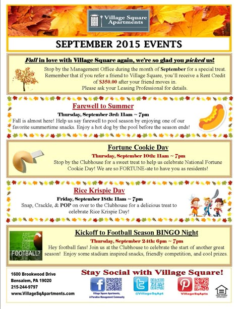 FALL in love with Village Square at our September events!! Apartment Community Newsletter Ideas, Fall Events For Residents, September Events Ideas, Apartment Activities For Residents, October Events For Residents, September Marketing Ideas, September Resident Event Ideas, September Resident Events, Fall Resident Events