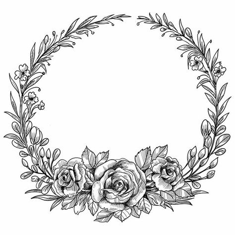 Vintage Flower Border Design, Frame Sketch, Border Tattoo, Dried Floral Wreaths, Hat Burning, Framed Tattoo, Wreath Frames, Circle Borders, Circle Tattoo