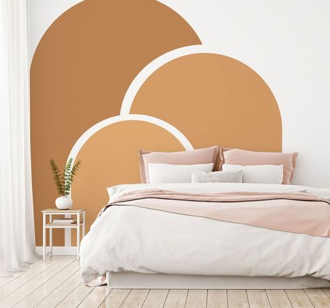 Nice Colors For Bedrooms, Bedroom Mural Art, Arch Painted On Wall Corner, Wall Mural Behind Bed, Wall Corner Painting Ideas, Simple Wall Painting Ideas, Wall Sticker Ideas, Peach Bedroom, Modern Wall Stickers