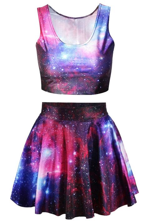 Pink Queen® Blue Galaxy Print 2 Piece Crop Tank Top Tees and Flare Skirt Set at Amazon Women’s Clothing store: Galaxy Print Dress, Galaxy Outfit, Rave Skirt, Skirt Matching Set, Galaxy Dress, Alien Costume, Skirts Outfits, Galaxy Fashion, Peplum Tops