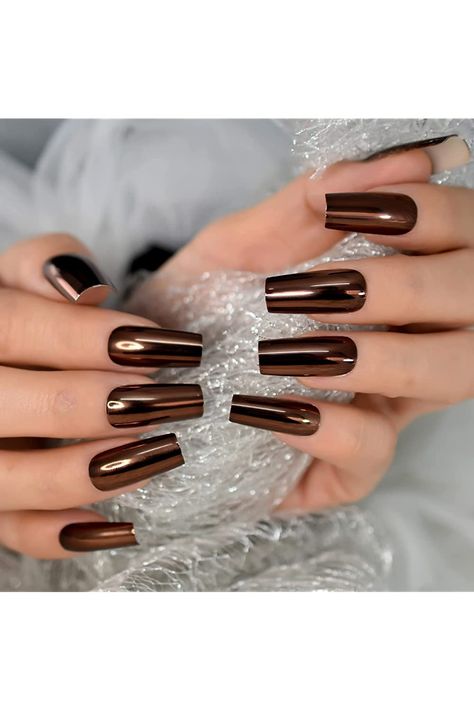 Medium Square Fingernails Dark Brown Color Metal Glossy Mirror Press On Nail Tips Fake Nails False Nails Reusable Fingernails Manicure Full Cover Salons At Home With 24 Adhesive Tabs Mini Files Square Fingernails, Brown Coffin Nails, Metallic Nails Design, Brown Nail Polish, Long Square Nails, Natural Nail Art, Metallic Nail Polish, Long Press On Nails, Chrome Nails Designs