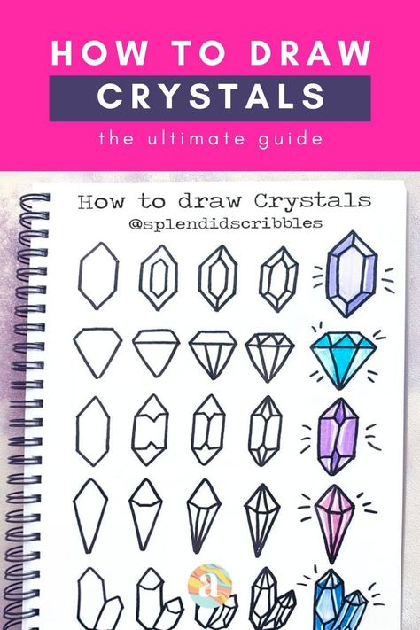 Are you ready to jump in and learn how to draw crystals and gems for beginners? #howtodrawcrystals #crystaldrawing #howtodrawacrystal Draw Crystals, Purple Doodles, Purple Bullet Journal, Trin For Trin Tegning, Crazy Laura, Doodle Art For Beginners, Bullet Journal Spreads, Crystal Drawing, Journal Spreads