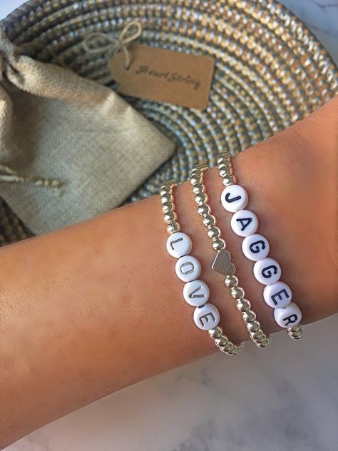 Bracelets With Names, Silver Beaded Bracelets, Word Bracelets, Burlap Gift Bags, West New York, Sterling Silver Bead Bracelet, Word Bracelet, Letter Bracelet, Women's Bracelets