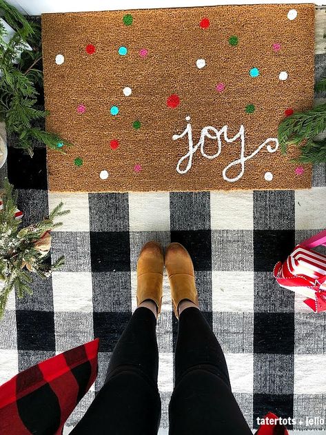 Joy to the World Holiday Porch. Bright colors, a GIANT Joy sign, Snowball Wreath and hand-painted rug create a happy welcome for family and friends with holiday season! Diy Holiday Door Mat, Painted Door Mat Christmas, Christmas Rug, Christmas Front Door Rugs, Happy Holidays Door Mat, Christmas Front Poarch Rugs/may, Door Mat Diy, Holiday Mantel, Christmas Doormat