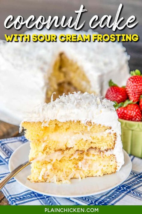 Coconut Cake - the sour cream cool whip frosting makes this cake! It is AMAZING!!! So easy to make and everyone loves it! This is my go-to cake for holidays and parties. Everyone always asks for the recipe! Only 5 ingredients -Cake mix, sour cream, cool whip, coconut and sugar. The frosting has to sit overnight in the refrigerator, so plan ahead to make this easy Coconut Cake! Coconut Cake Frosting, Sour Cream Coconut Cake, Easy Coconut Cake, Sour Cream Icing, Whip Frosting, Cool Whip Frosting, Sour Cream Frosting, Whipped Icing, Coconut Icing