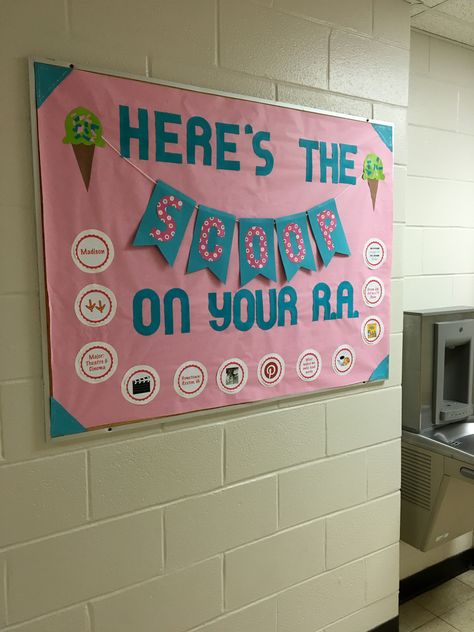 Teacher College Bulletin Board, Get To Know Me Bulletin Board Ra, Pun Bulletin Board Ideas, Here's The Scoop Bulletin Board, About Your Ra Bulletin Board, Bulliton Bored Ideas, Introduction Bulletin Board, Dorm Board Ideas Ra Bulletins, About Me Ra Bulletin Board