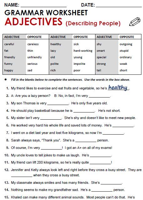 Practice Worksheet For Class 2 English Grammar – Adjectives Year 7 English Worksheets, Grammar Worksheets High School, Adjectives To Describe Personality, Adjectives Exercises, Middle School Grammar Worksheets, Adjectives Grammar, Personality Adjectives, English Grammar Exercises, English Adjectives