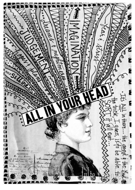 Great self-portrait assignment idea to develop for at-risk teens - combine drawing, use of text in a composition, self reflection, self expression and a form of art therapy throughout the process. #selfportrait #portrait #arttherapy #atriskstudents #arteducation #teachingart All In Your Head, Kunstjournal Inspiration, Art Projects For Teens, Art Therapy Projects, Teen Art, Psy Art, Art Therapy Activities, Trendy Art, Gcse Art