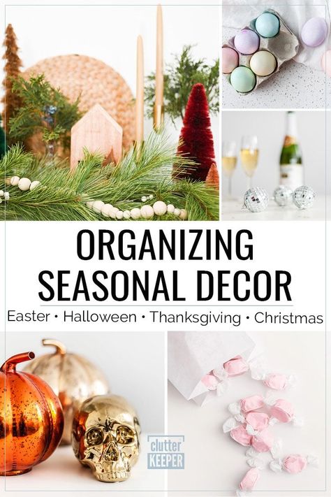 Learn how to tackle holiday organizing with these 7 home decoration storage tips so you're ready to decorate for Christmas or any holiday. These holiday organization ideas and Christmas storage tips will help families celebrate at the start of any new season. #clutterkeeper Storage Seasonal Decor, How To Store Holiday Decorations, Seasonal Decoration Storage, Christmas Decoration Storage Ideas, Holiday Storage Ideas, Holiday Organization Storage, Baking Organization, Decor For Easter, Christmas Decoration Storage