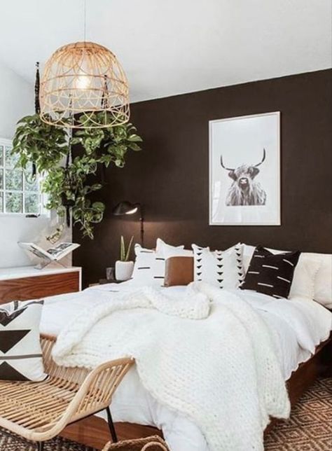 a cool monochromatic modern bedroom with a black accent wall, black and white graphic bedding and a rattan chair at the foot of the bed Bedroom Farmhouse, Bedroom Decor Inspiration, Accent Wall Bedroom, Master Decor, Brown Walls, Master Bedrooms Decor, Bed Room, Home Fashion, Cheap Home Decor