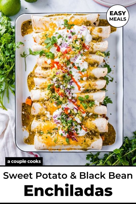 These sweet potato black bean enchiladas are a total crowd pleaser! This tried and true vegetarian dinner is easy and full of flavor. #sweetpotatoblackbeanenchiladas #sweetpotatoenchiladas #enchiladas #enchiladasrecipe #vegetarian #vegetariandinner Sweet Potato Black Bean Enchiladas, Sweet Potato Enchiladas, Veg Meals, Sweet Potato Black Bean, Winter Salad Recipes, A Couple Cooks, Med Diet, Salad Dressing Recipes Healthy, Black Bean Enchiladas