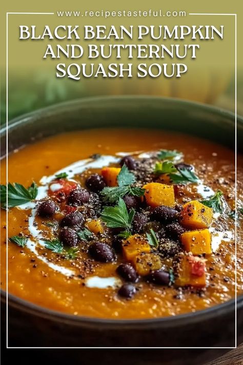 This rich and creamy Black Bean Pumpkin and Butternut Squash Soup is a perfect meal for chilly autumn days. Roasted butternut squash, black beans, and pumpkin come together in a savory and slightly sweet base, enhanced with warm spices like cumin, smoked paprika, and cinnamon. The addition of cream cheese makes the soup extra creamy and indulgent, while fresh cilantro or parsley adds a burst of color and freshness to each bowl. Pumpkin Black Bean Soup Recipe, Pumpkin Butternut Squash Soup, Roasted Pumpkin Soup Recipe, Roast Pumpkin Soup, Butternut Soup, Butternut Squash Recipes Soup, Pumpkin Soup Recipe, Roasted Butternut Squash Soup, Bean Soup Recipes