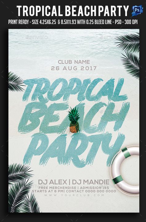 Tropical Beach Party Flyer Beach Party Poster Design, Beach Poster Design, Beach Party Poster, Tropical Beach Party, Holiday Party Flyer, Beach Party Flyer, Business Advertisement, Tropical Poster, Surf Party