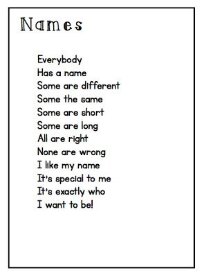 Name poem - would be good for beginning of the school year activities with the book Chrysanthemum Name Poem, Preschool Friendship, Kindergarten Poems, Preschool Poems, Poems About School, September Song, Preschool Names, Poetry For Kids, Name Activities