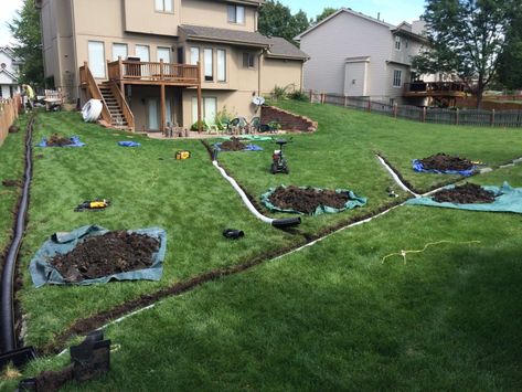 Backyard Water Drainage System - Water Drainage Concrete Retaining Wall Siding & Roofing Omaha Contractor Drainage Ideas, Water Drainage System, Landscape Drainage, Backyard Drainage, Drainage Ditch, Yard Drainage, Concrete Retaining Walls, Water Issues, French Drain