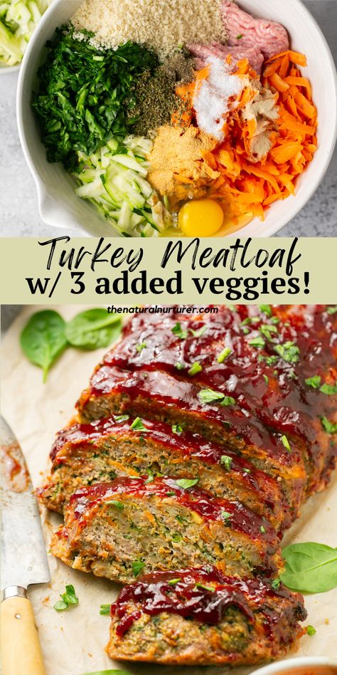 This juicy and flavorful turkey meatloaf has 3 veggies mixed in—along with herbs + spices for a juicy, flavorful, and nutrient-dense meal. Turkey Meatloaf With Veggies, Veggie Turkey Meatloaf, Veggie Dense Dinner, Healthy Meatloaf Recipes With Vegetables, Healthy Turkey Meatloaf Recipes, Hidden Veggie Meatloaf, Vegetable Dense Meals, Healthy Meatloaf Recipes Clean Eating, Veggie Dense Meals