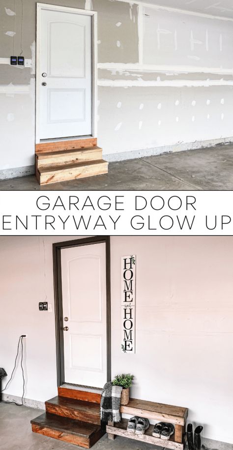 Garage Door Entryway Upgrade Diy Garage Entryway, Garage Entryway Ideas Entrance, Basement Rental, Minwax Wood Stain, Garage Steps, Garage Inspiration, Garage Stairs, Welcoming Sign, Garage Entryway