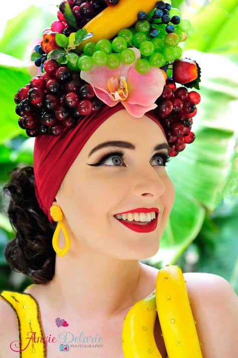 DIY Carmen Miranda Fruit Head Piece – Miss MonMon Chiquita Banana Costume, Carmen Miranda Costume, Broadway Actress, Havana Party, Fruit Hat, Banana Costume, Havana Nights Party, Chiquita Banana, Fruit Costumes