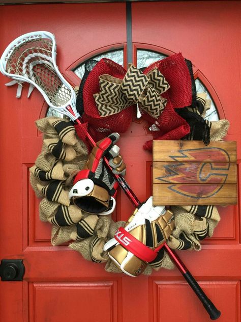 LaCrosse is great, but I'd make mine out of hockey gear! Lacrosse Wreath Front Doors, Hockey Wreath, Lacrosse Tips, Lax Girl, Lacrosse Party, Lax Girls, Lacrosse Goalie, Sports Banquet, Lacrosse Gifts