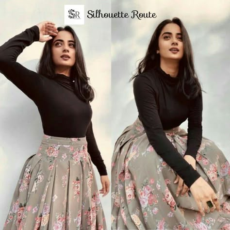 Floral long skirt Floral Skirt Outfits Indian, Skirt And Top Styling, Long Shirt And Skirt Outfit, Tops For Skirts Indian Casual, Hairstyles For Skirt, Long Skirt Top Designs Wedding, Hairstyle For Skirt And Top, Indian Skirt And Top Outfits, Long Skirt And Top Indian Wedding