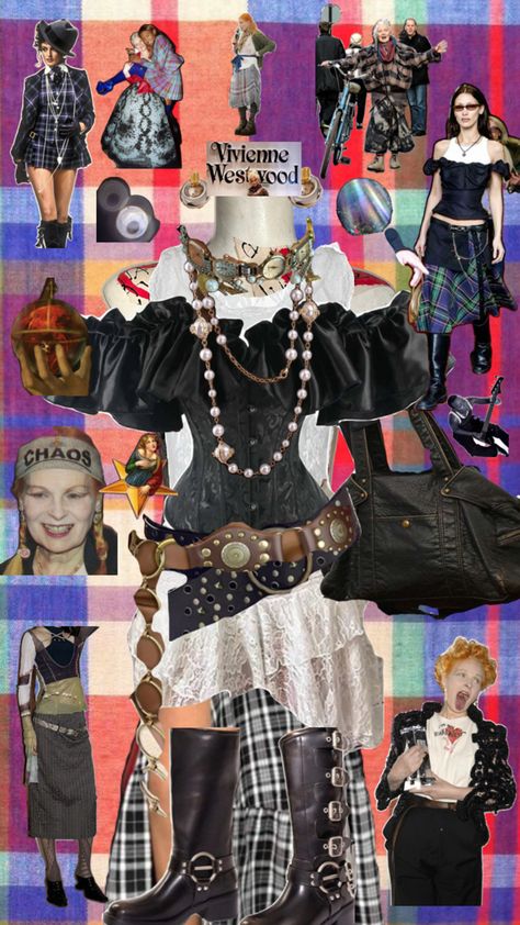 Vivienne westwood, Vintage outfit, plaid outfit, skirt outfit, outfit collage, orbit, color, black and white outfit, boot and skirt outfit, corset outfit, inspired outfit, fashion, unique outfit, vintage outfit, vintage, vintage clothes, jewelry, pearls, black, white, color, outfit inspo, inspiration, styling, stylist, vision, vision board, outfit vision board Vivienne Westwood Skirt Outfit, Vivienne Westwood Inspired Outfit, Outfit Vision Board, Fashion Vivienne Westwood, Vivienne Westwood Inspired, Vivienne Westwood Vintage, Vivienne Westwood Fashion, Outfit Corset, Board Outfit